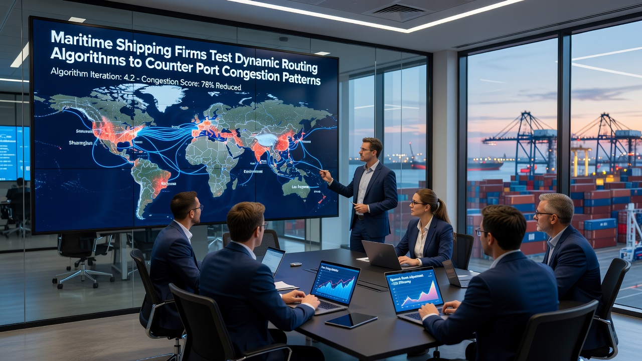 Control room monitors displaying real-time shipping routes and congestion heat maps