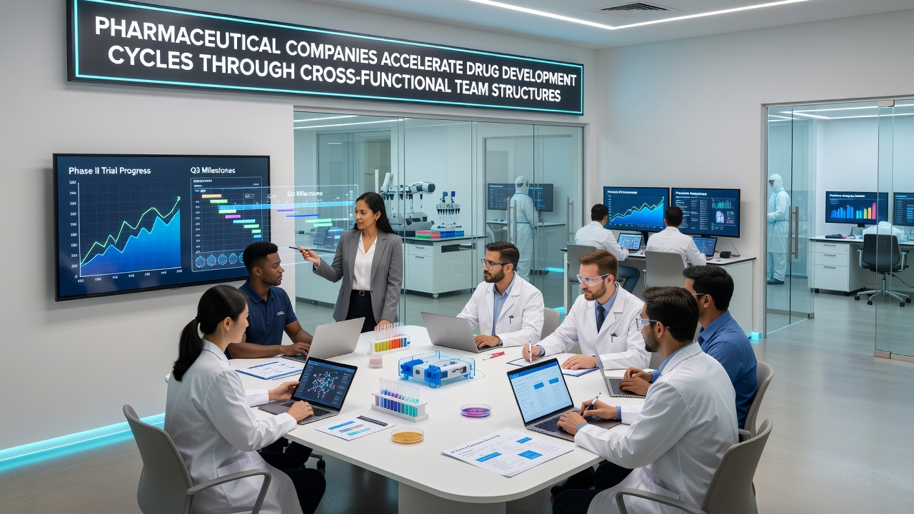 Cross-functional pharmaceutical team reviews clinical trial data and manufacturing plans on shared digital displays
